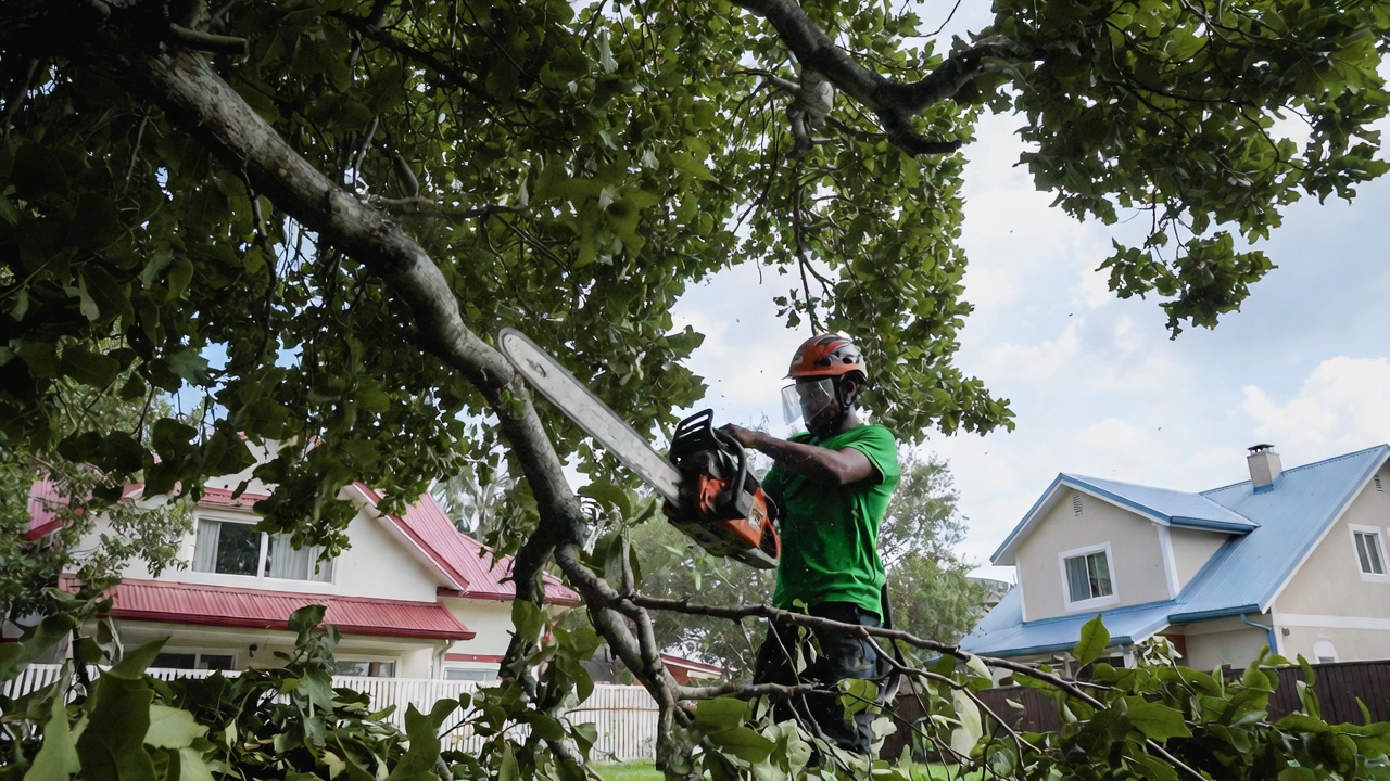Arborist aloft, chainsaw in hand, mid-canopy