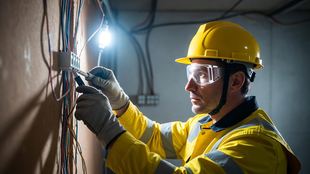 Hi-vis electrician diagnosing a breaker panel