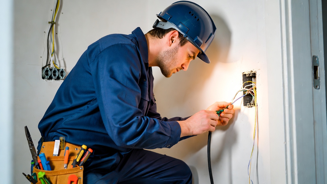 Foothills tech wiring an outlet — tool belt on