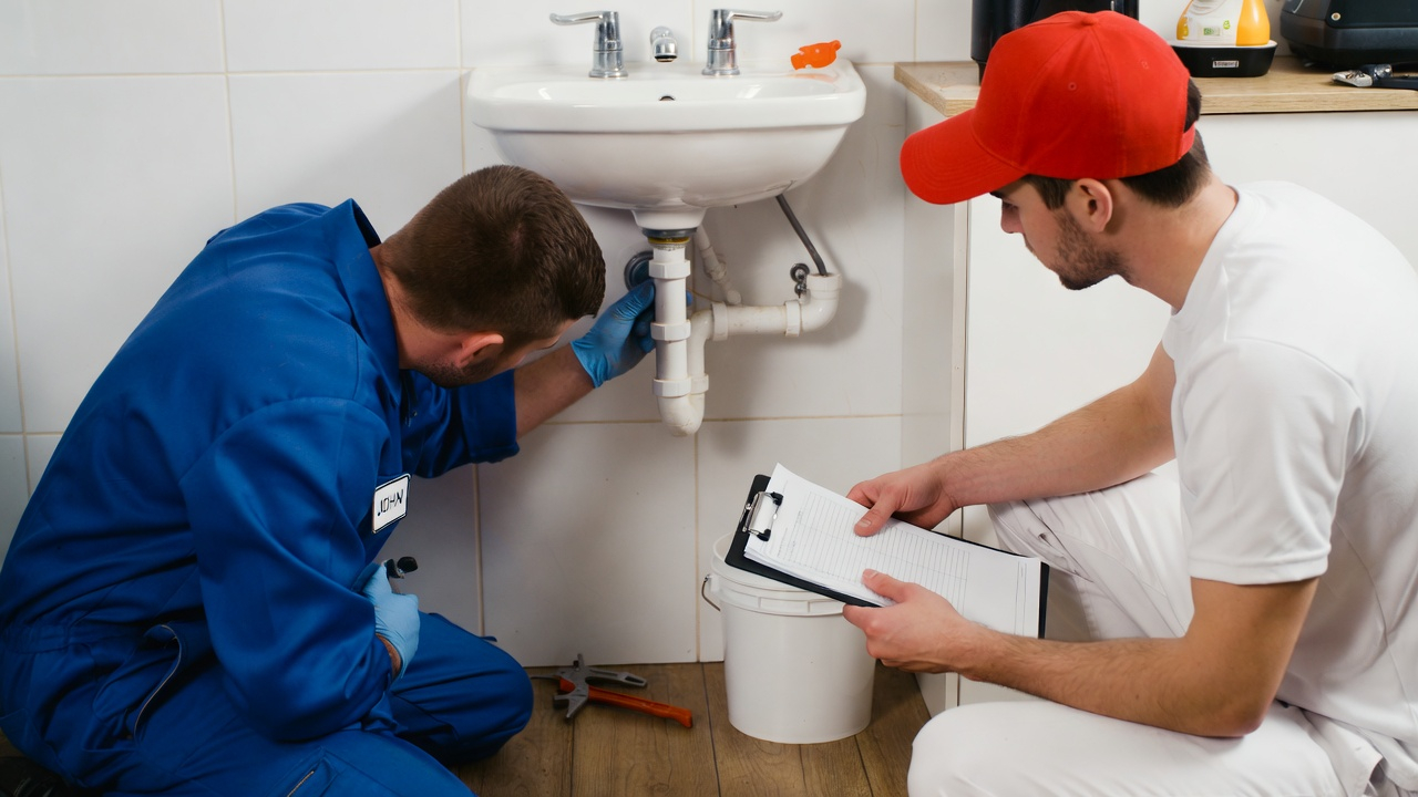 Plumbers working under bathroom sink