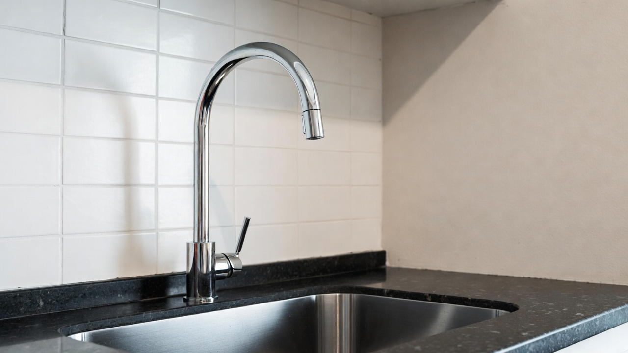 Modern chrome kitchen faucet close-up