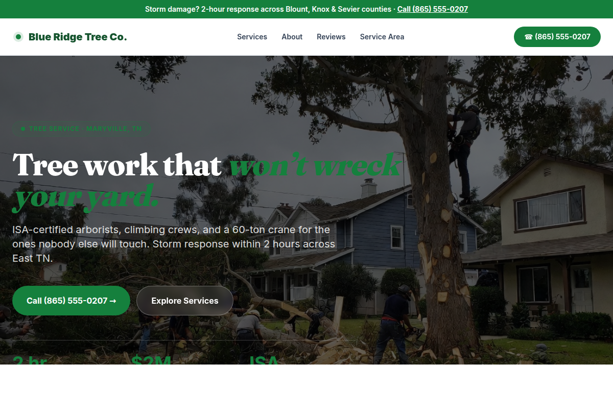 Tree service website with certified arborists and storm response dispatch by R3 Revenue