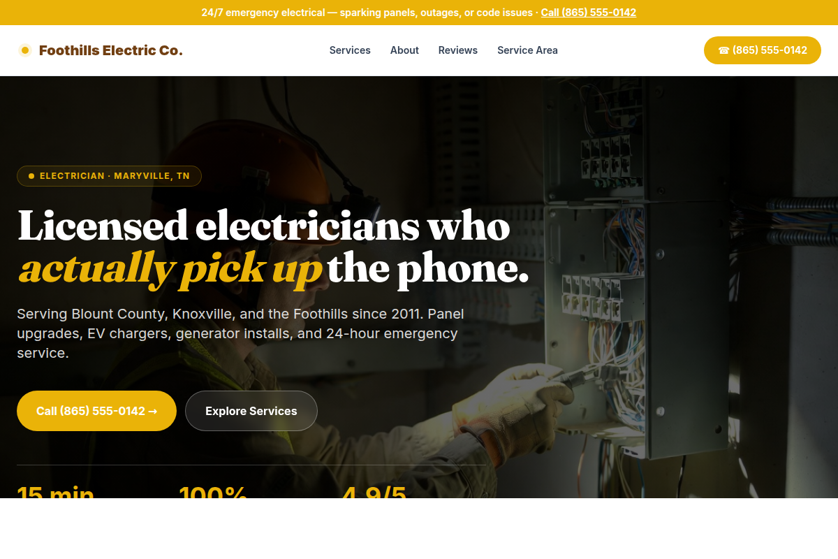 Electrician website with 24/7 emergency dispatch and transparent quoting by R3 Revenue