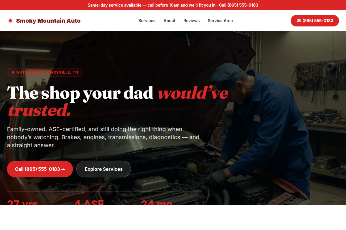 Auto repair shop website with transparent warranty and honest diagnostics by R3 Revenue