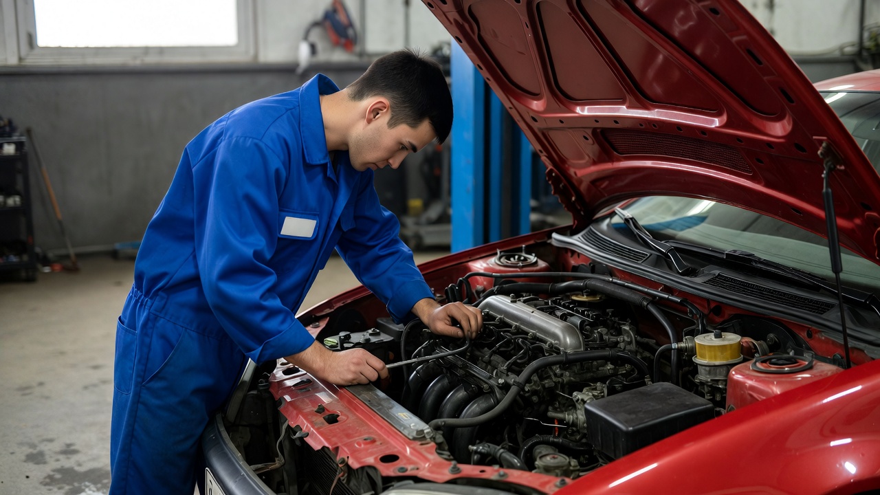Technician diagnosing a Camry engine