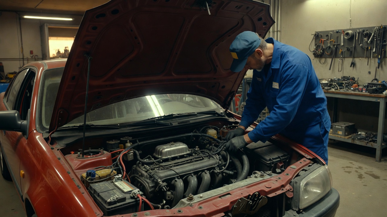 Classic red sedan, hood up, tools in hand