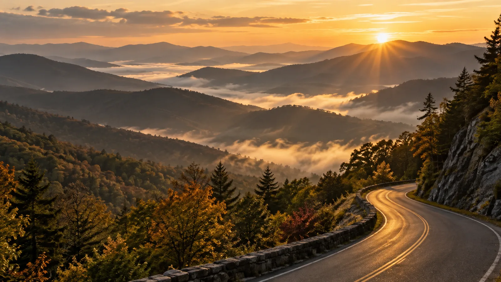 Smoky Mountains-inspired landscape with a winding road at sunrise