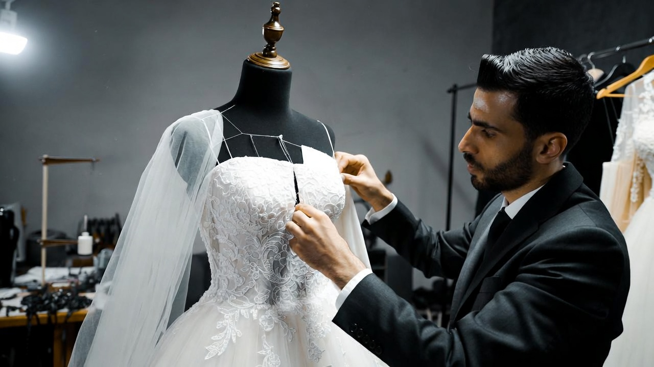 Tailor adjusting a bridal gown on a mannequin