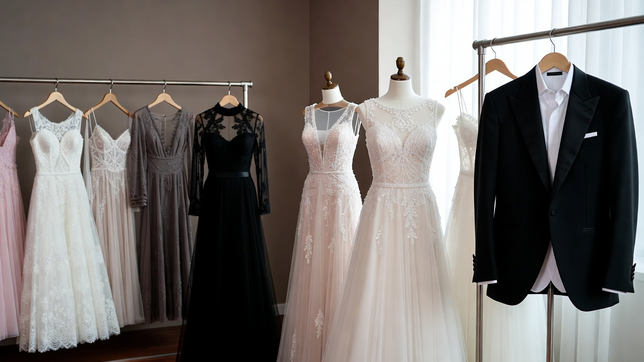 Bridal gowns and tuxedo on display