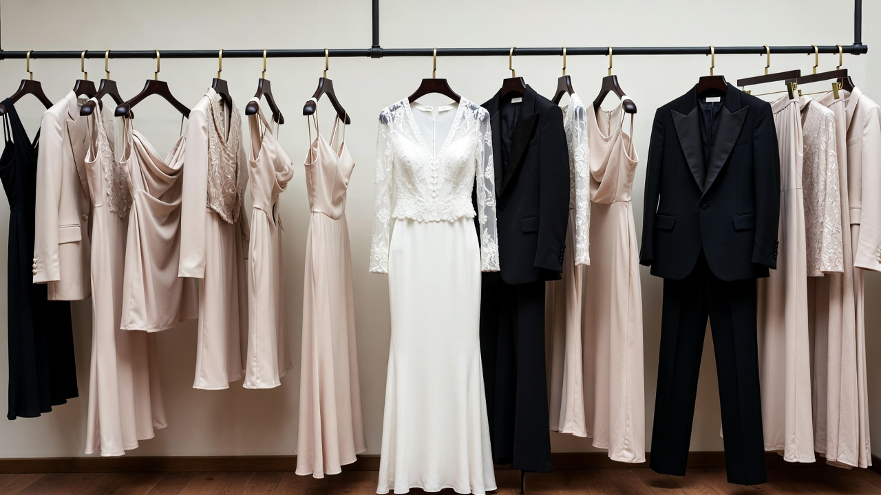Garment rack with bridal wear and suits