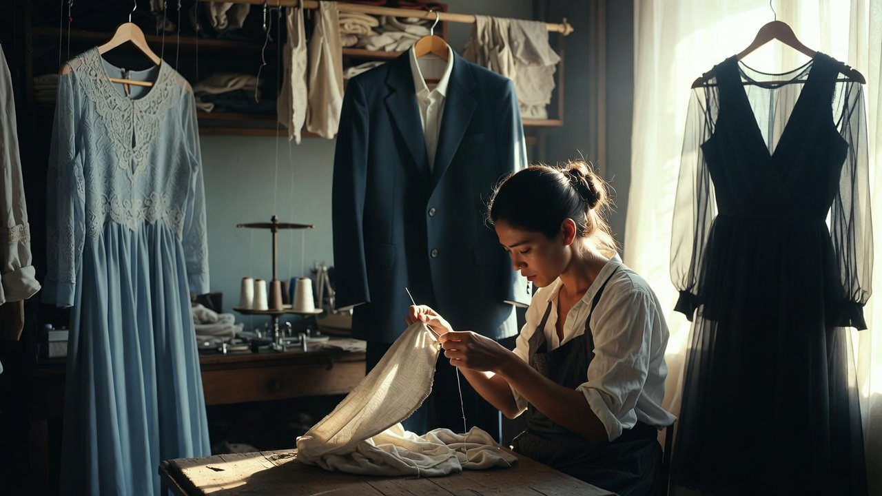 Seamstress hand-sewing in the Hemline and Honey studio