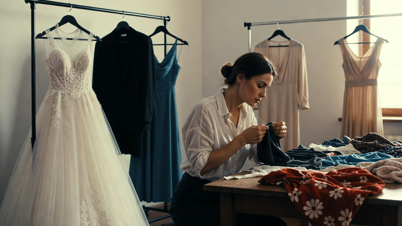 Seamstress working on suit alterations in studio