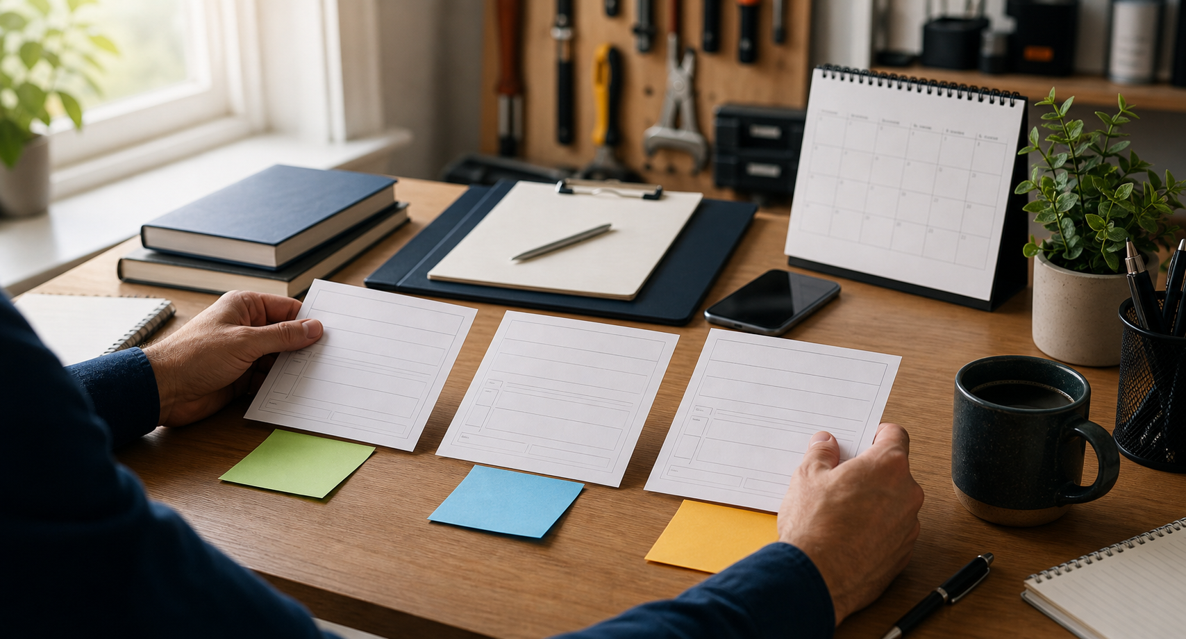 Generated desk scene with quote cards, notes, a calendar, and a phone arranged for follow-up review